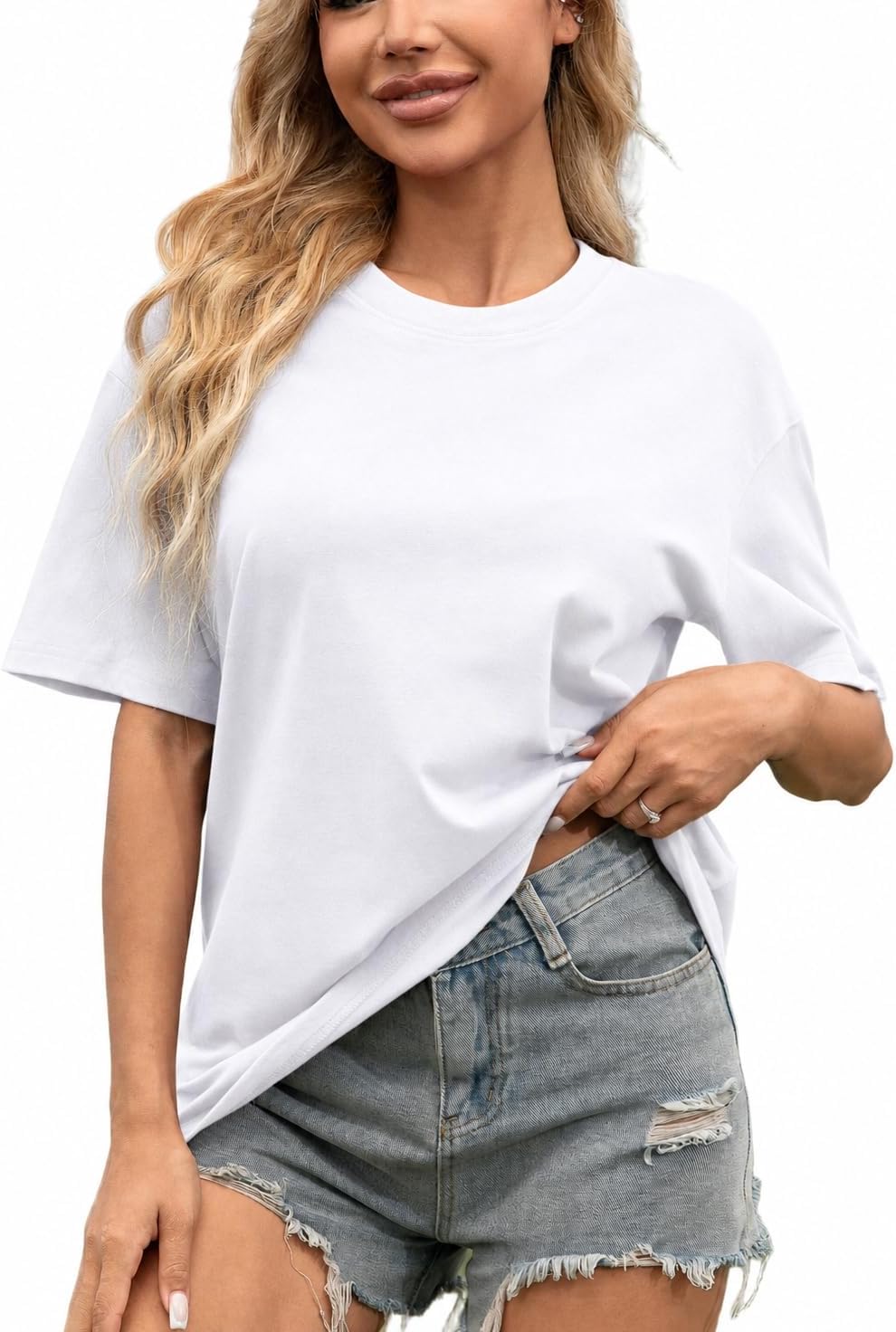 HONGTEX H6002 Tee Col Rond en Coton — Blanc, 220 GSM
